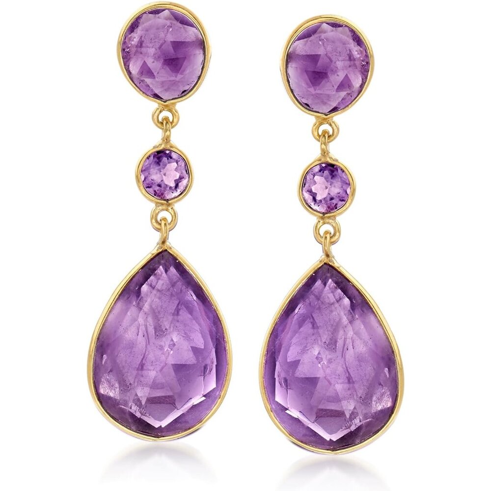 Amethyst Drop Earrings in 18kt Gold Over Sterling Near Round Amethysts Polishe